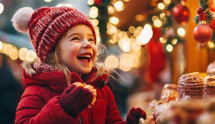 Kleines lächelndes Kind auf dem Weihnachtsmarkt