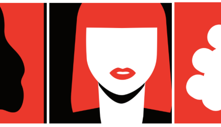 Piktogramme von drei Frauenköpfen in Schwarz, Weiß und Rot