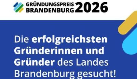 Logo des Preises und Bewerbungsaufruf auf blauem Hintergrund