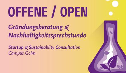 Informationsgrafik zur offenen Gründungsberatung und Nachhaltigkeitssprechstunde mit Bildern einer Rakete (linke Seite) und Borosilikatglas (rechte Seite)