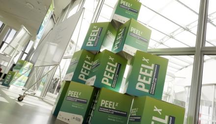 Aufgestapelte Sitzwürfel mit der Aufschrift PEELx