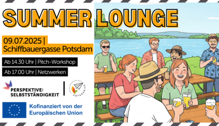 Bunte Zeichnung von Menschen im Biergarten sowie Veranstaltungsdatum und -titel