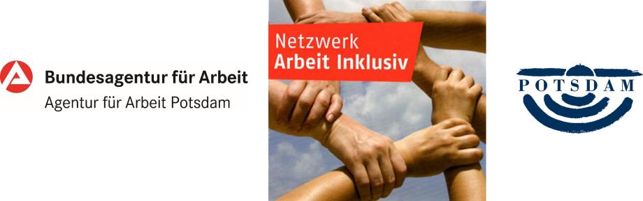 Logo des Netzwerks Arbeit inklusiv sowie das Logo der LHP und der Agentur für Arbeit Potsdam