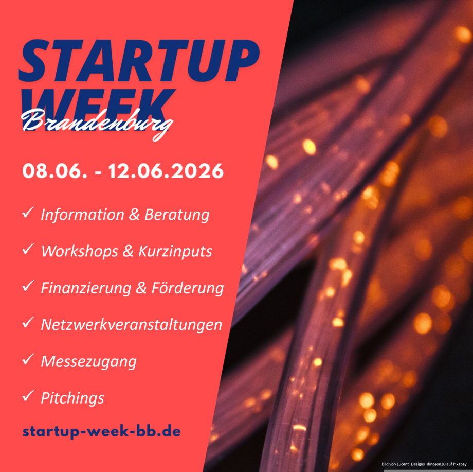 Flyer der Startup Week mit roten und blauen Elementen