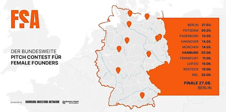 Deutschlandkarte mit den verschiedenen Pitch-Terminen und den dazugehörigen Städten