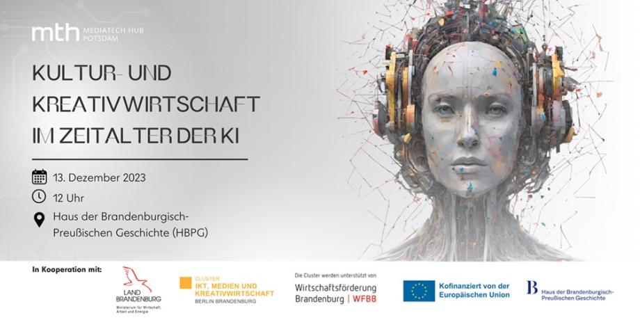KI Mensch mit viel Technik um den Kopf sowie Titel und Veranstaltungsdatum