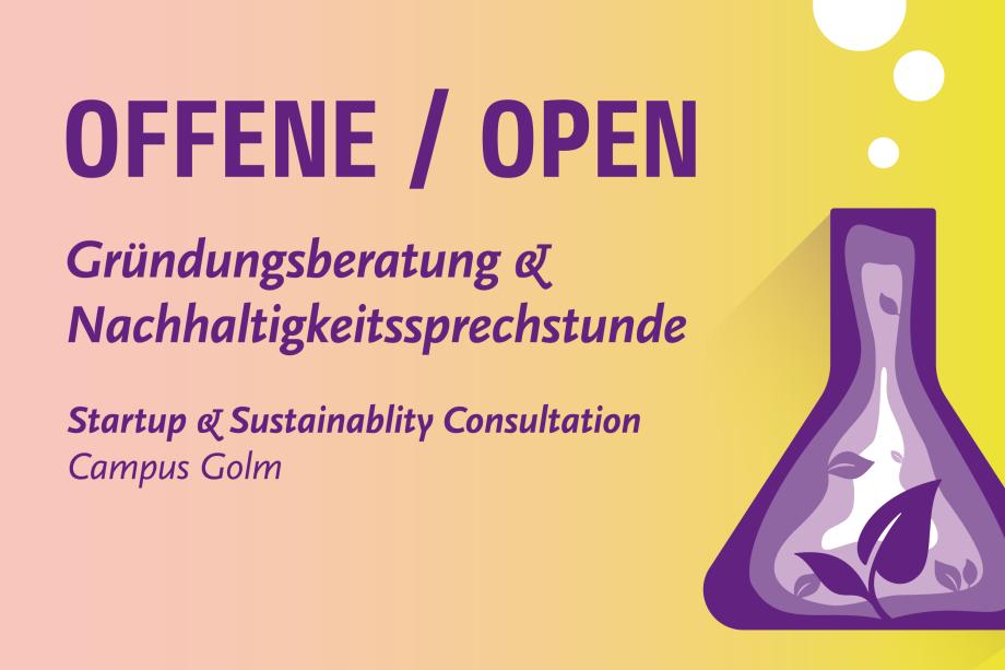 Informationsgrafik zur offenen Gründungsberatung und Nachhaltigkeitssprechstunde mit Bildern einer Rakete (linke Seite) und Borosilikatglas (rechte Seite)