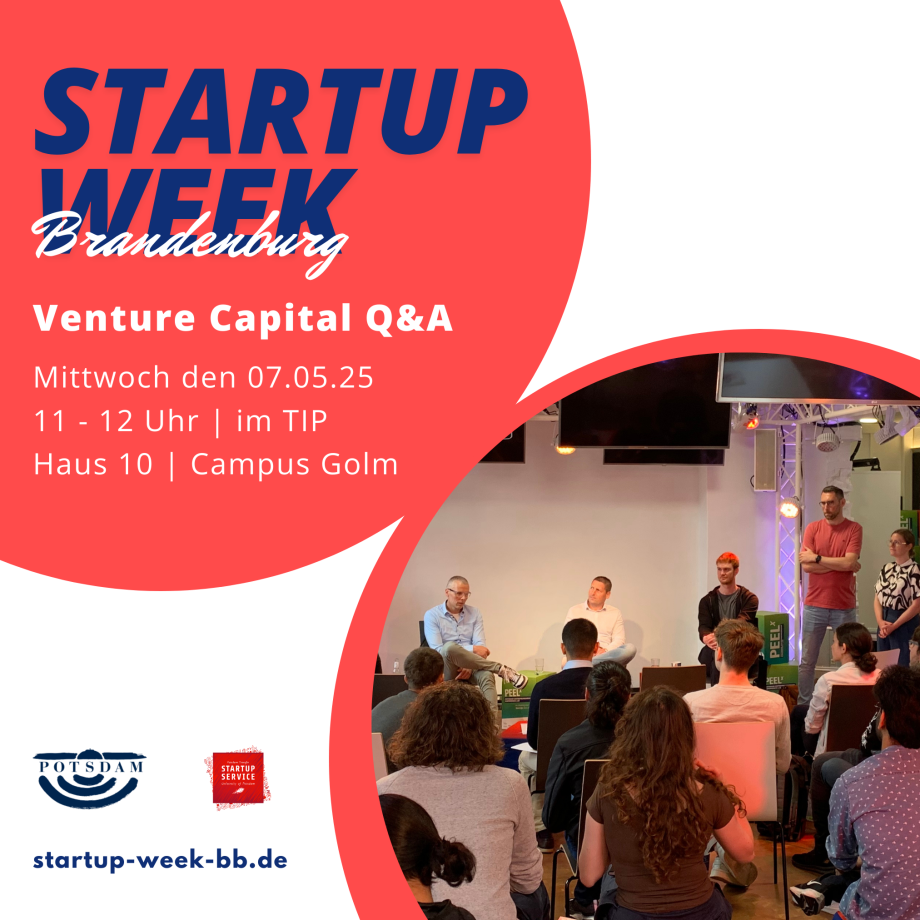 Flyer zur Veranstaltung Venture Capital Q&A von Potsdam Transfer in der Startup Week Brandenburg 2025