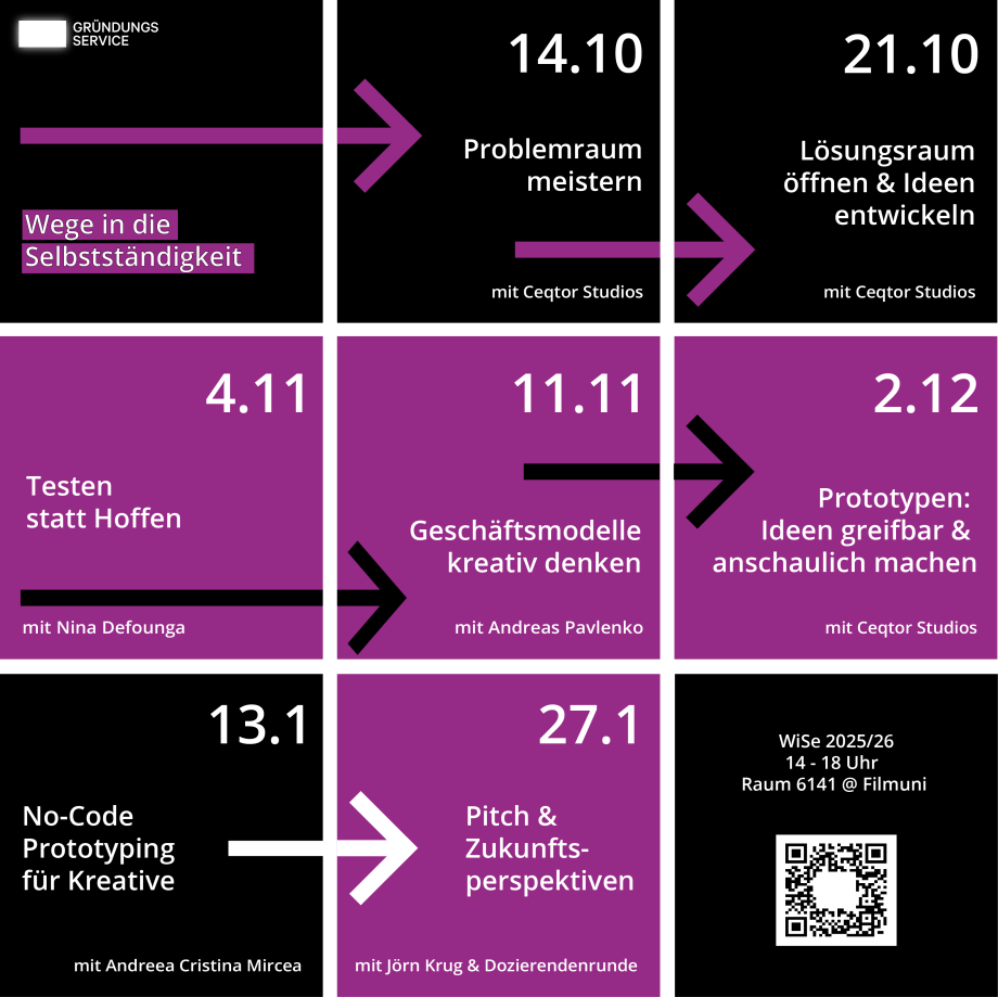 Schwarzer und lilafarbener Flyer mit Veranstaltungsdatum und -titel