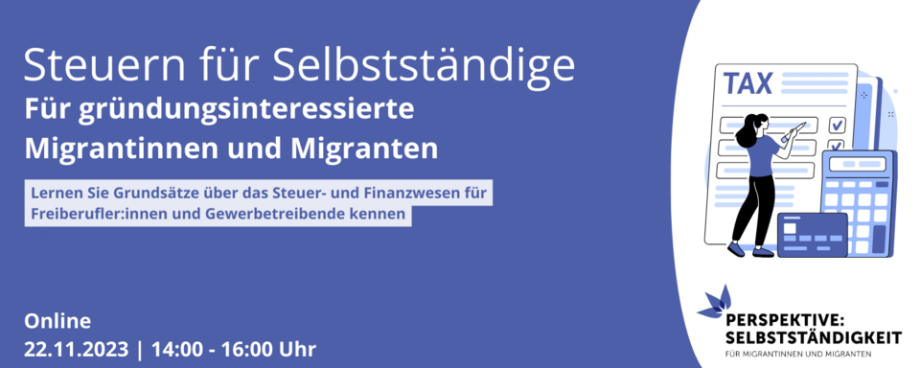 Titel der Veranstaltung auf blauem Hintergrund mit Piktogrammen