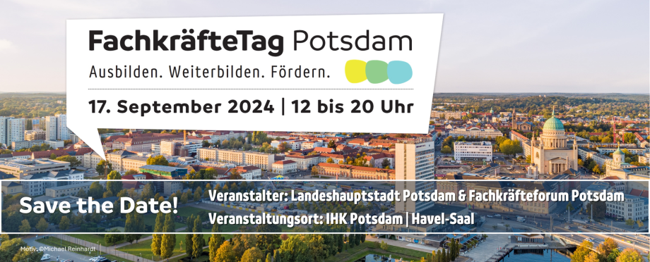 Potsdam von oben, darüber Veranstaltungsdatum und -titel