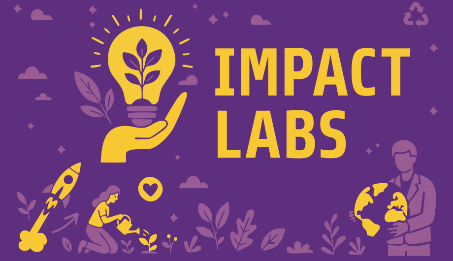 Gelbe Grafiken auf lilanem Hintergrund mit dem Titel "Impact Labs"