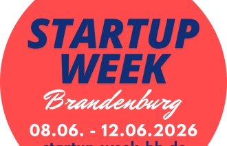 Roter Kreis mit Titel, Datum und URL der Veranstaltung