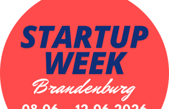 Roter Kreis mit Titel, Datum und URL der Veranstaltung