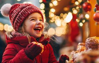 Kleines lächelndes Kind auf dem Weihnachtsmarkt