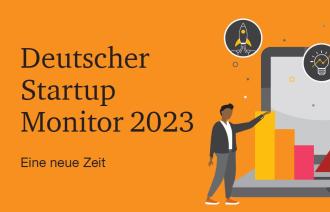 2 Personen und Laptop und Diagramme als Piktogramme  und Aufschrift "Deutscher Startup Monitor 2023"