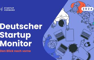 Mehrere Personen mit Laptop an einem Tisch als Piktogramme und Aufschrift "Deutscher Startup Monitor 2024"