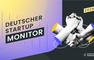 Gelbes, lilanes, schwarzes Deckblatt des Deutschen Startup Monitors 2024 mit 4 Händen Piktogramm