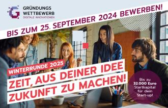 Lachende Menschen im Büro, Wettbewerbsaufruf und Logo