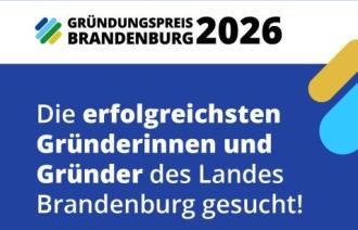 Logo des Preises und Bewerbungsaufruf auf blauem Hintergrund