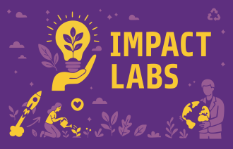 Gelbe Grafiken auf lilanem Hintergrund mit dem Titel "Impact Labs"