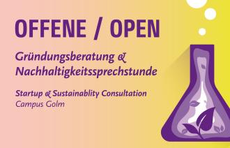 Informationsgrafik zur offenen Gründungsberatung und Nachhaltigkeitssprechstunde mit Bildern einer Rakete (linke Seite) und Borosilikatglas (rechte Seite)