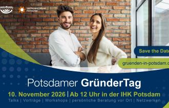 Frau und Mann im Büro lächeln in die Kamera sowie Titel, Datum und Ort der Veranstaltung