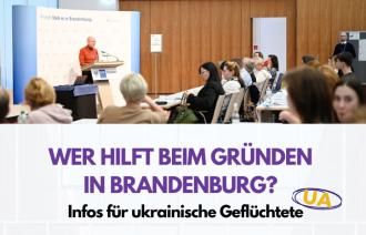 Mann vor Publikum in der IHK Potsdam sowie Titel der Veranstaltung