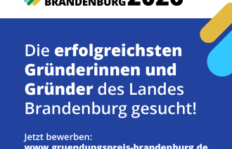 Logo des Preises und Bewerbungsaufruf auf blauem Hintergrund