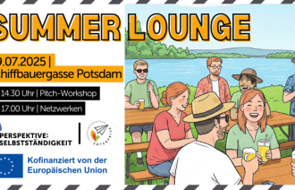 Bunte Zeichnung von Menschen im Biergarten sowie Veranstaltungsdatum und -titel
