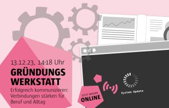 Illustration Bildschirm, Zahnräder, Lupe und Buch sowie Veranstaltungsdatum und -titel