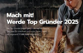 Handwerker im Hintergrund mit Aufruf zur Teilnahme am Wettbewerb