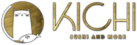 Logo von Kichi - Sushi, das eine gezeichnete Katze und einen Fisch enthält
