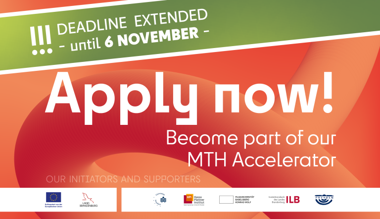 Bewerbungsaufruf auf orangenem Hintergrund mit weißer Logo-Zeile aller Initiatoren und Unterstützer