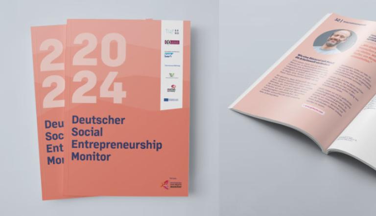 Deckblatt des Deutschen Social Entrepreneurship Monitors 2024 und ein aufgeschlagendes Exemplar