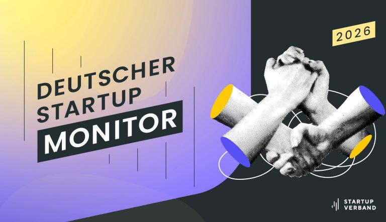 Gelbes, lilanes, schwarzes Deckblatt des Deutschen Startup Monitors 2024 mit 4 Händen Piktogramm
