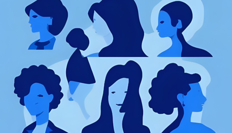 Piktogramm mit mehreren Frauen auf blauem Hintergrund