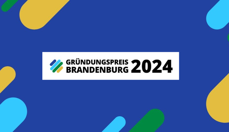 Logo vom Gründungspreis Brandenburg auf blauem Hintergrund