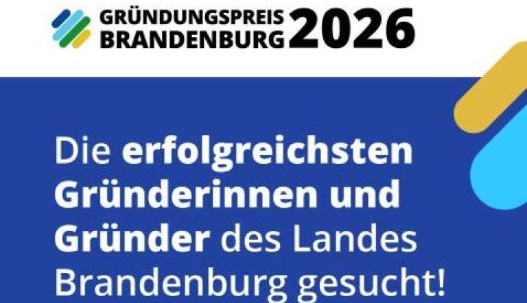 Logo des Preises und Bewerbungsaufruf auf blauem Hintergrund