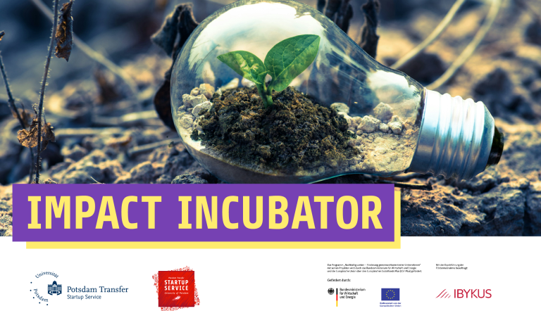Glühbirne mit kleiner Pflanze innen auf Waldboden unter dem Titel "Impact Incubator" (In der Fußleiste befinden sich Logos vom Startup Service der Uni Potsdam und Hinweise auf den Fördermittelgeber BMWE sowie das EU-Logo)