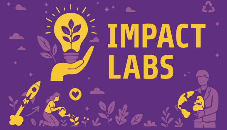 Gelbe Grafiken auf lilanem Hintergrund mit dem Titel "Impact Labs"