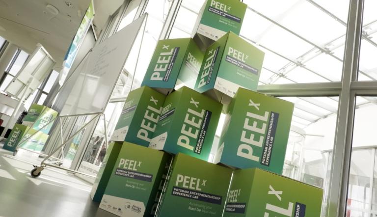 Aufgestapelte Sitzwürfel mit der Aufschrift PEELx