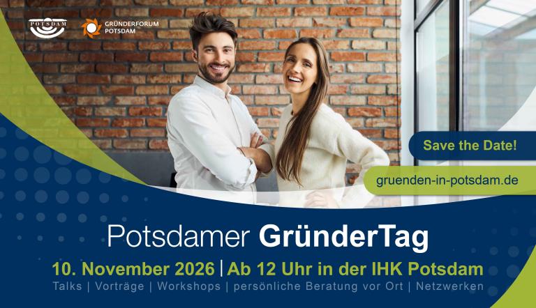 Frau und Mann im Büro lächeln in die Kamera sowie Titel, Datum und Ort der Veranstaltung