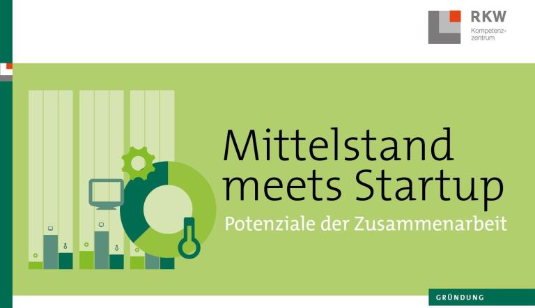 Grüner Hintergrund mit Piktogrammen und dem Titel "Mittelstand meets Startup"