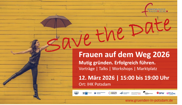 Frau mit regenschirm vor einer gelben Mauer sowie Veranstaltungstitel, -datum und -ort
