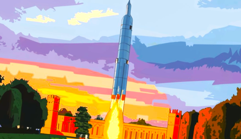 Rakete, die in einem Schlosspark in den Himmel steigt