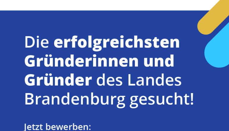 Logo des Preises und Bewerbungsaufruf auf blauem Hintergrund