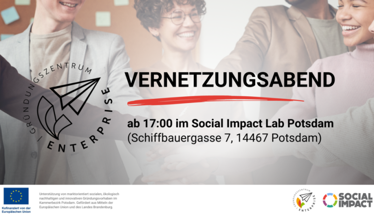 Veranstaltungsdatum und -titel mit lachenden Menschen im Hintergrund