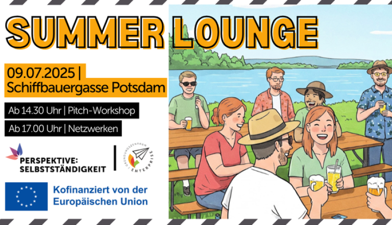 Bunte Zeichnung von Menschen im Biergarten sowie Veranstaltungsdatum und -titel