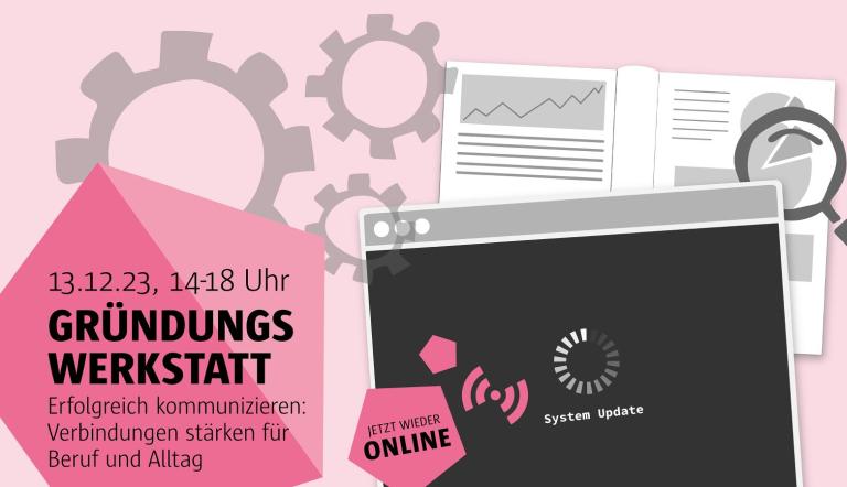 Illustration Bildschirm, Zahnräder, Lupe und Buch sowie Veranstaltungsdatum und -titel